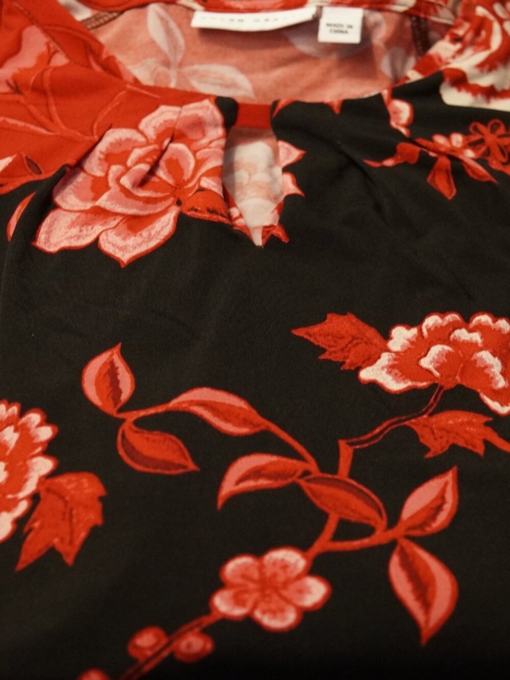 Susan Graver Red and Black Printed Liquid Knit Top with Keyhole neckline